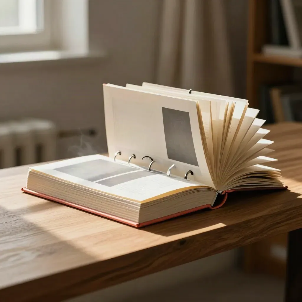 Ring-bound pitch deck with translucent tabs, brushed clip, and fanned ivory pages on a warm oak ledge.