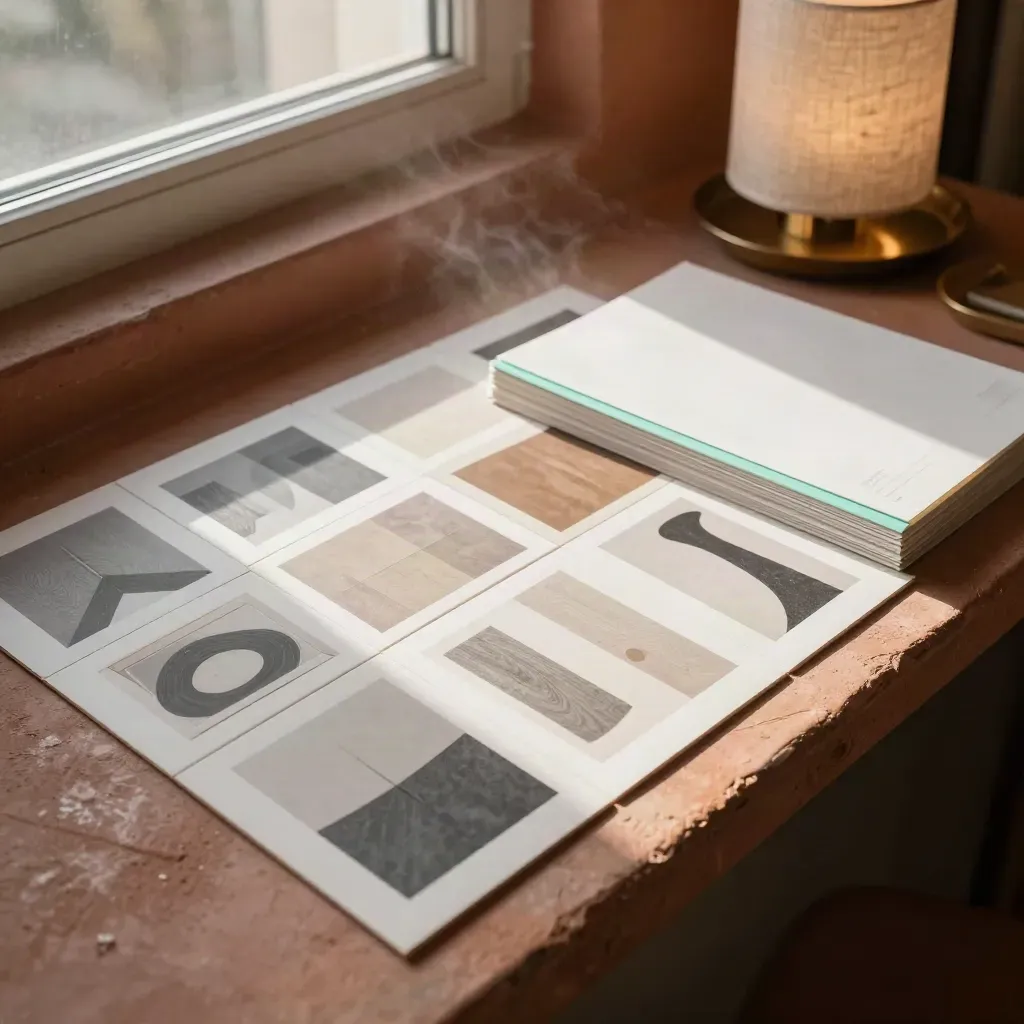 Square social graphics proofs with mint accents on a terracotta studio ledge.