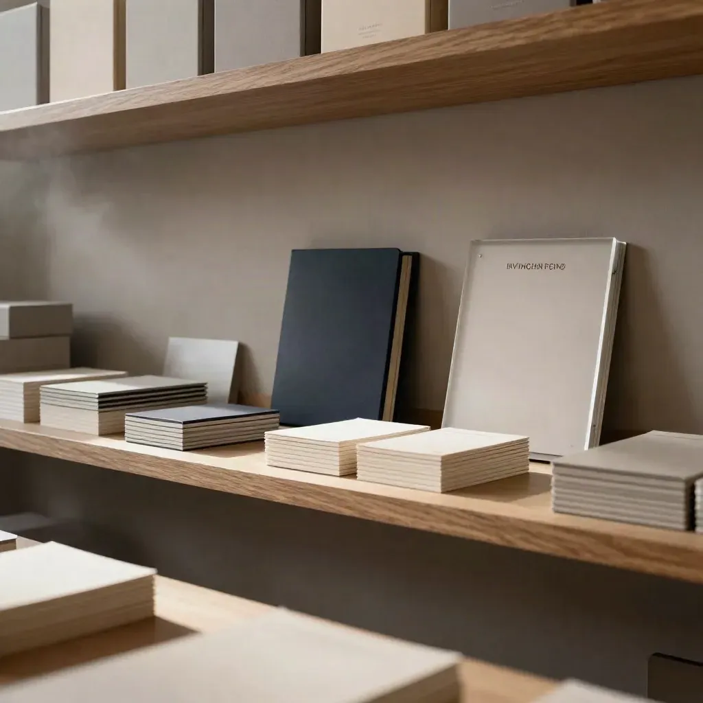 Moody studio shelf with neutral brand packaging, plaque, and stationery in soft light.