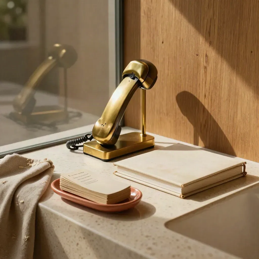 Quiet booking nook with a phone cradle, portfolio, and appointment tokens in warm window light.