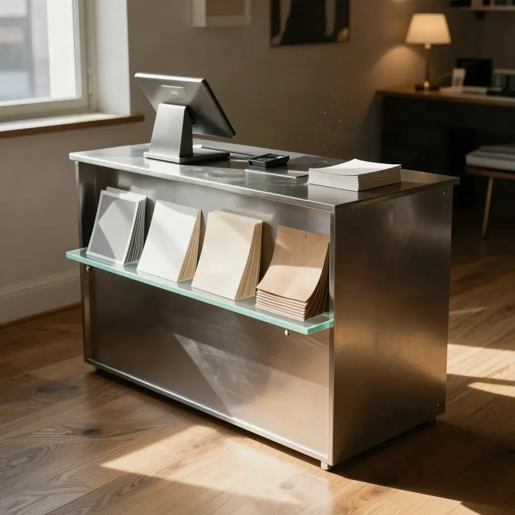 Finished boutique checkout stand with mint-accent packaging and sample swatches in warm window light.