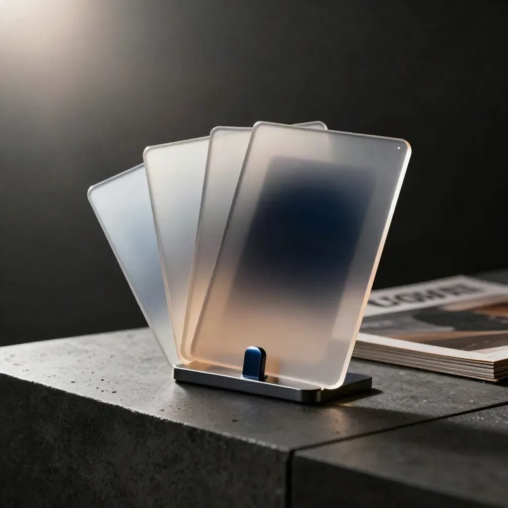 Motion cards, gel sheets, and a metal stand on a concrete plinth with soft haze.