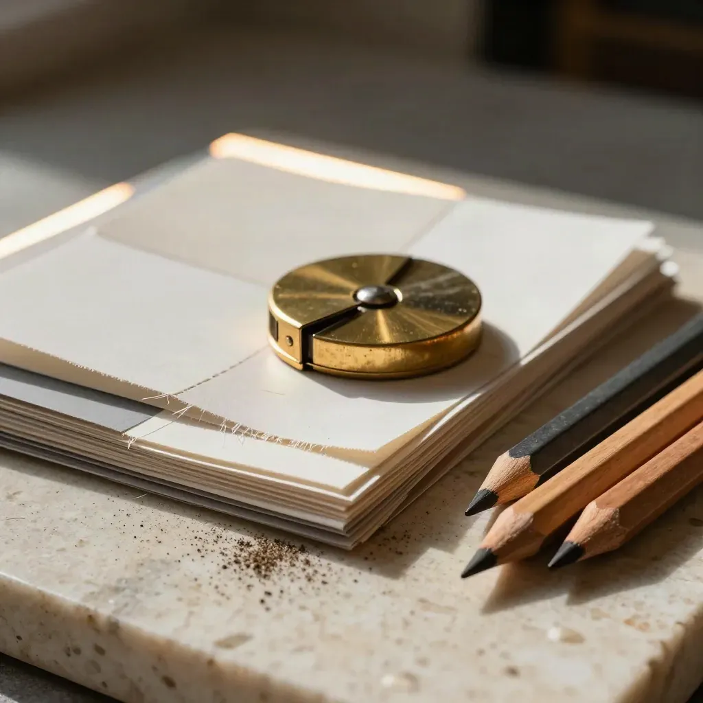 Swatch strips, brass circle cutter, and pigment pencils on pale travertine