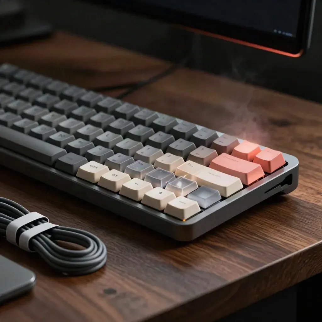 Muted keyboard, trackpad, cable ties, and grid blocks on a dark walnut workbench in dramatic light.
