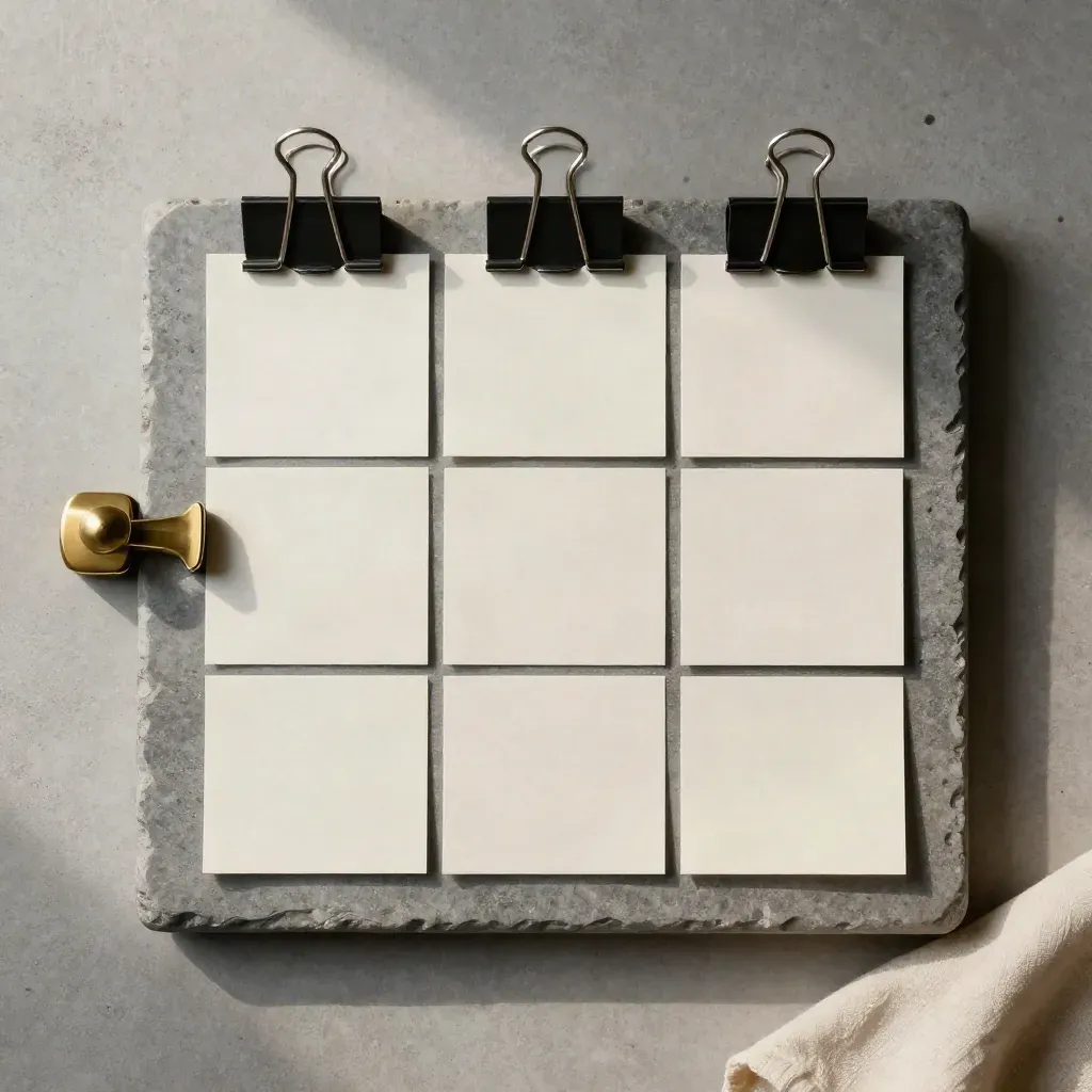 Top-down tray of task cards, binder clips, brass paperweight, and linen on stone.