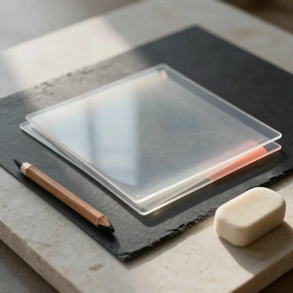 Acetate drafts, pencil stub, and eraser on limestone in soft side light.