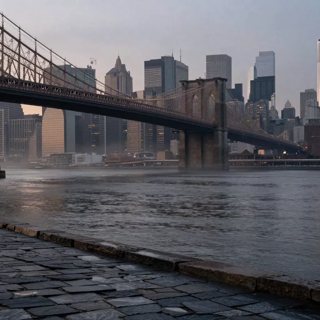 Lower Manhattan skyline across the river at blue hour, bridge trusses over calm haze-softened water.