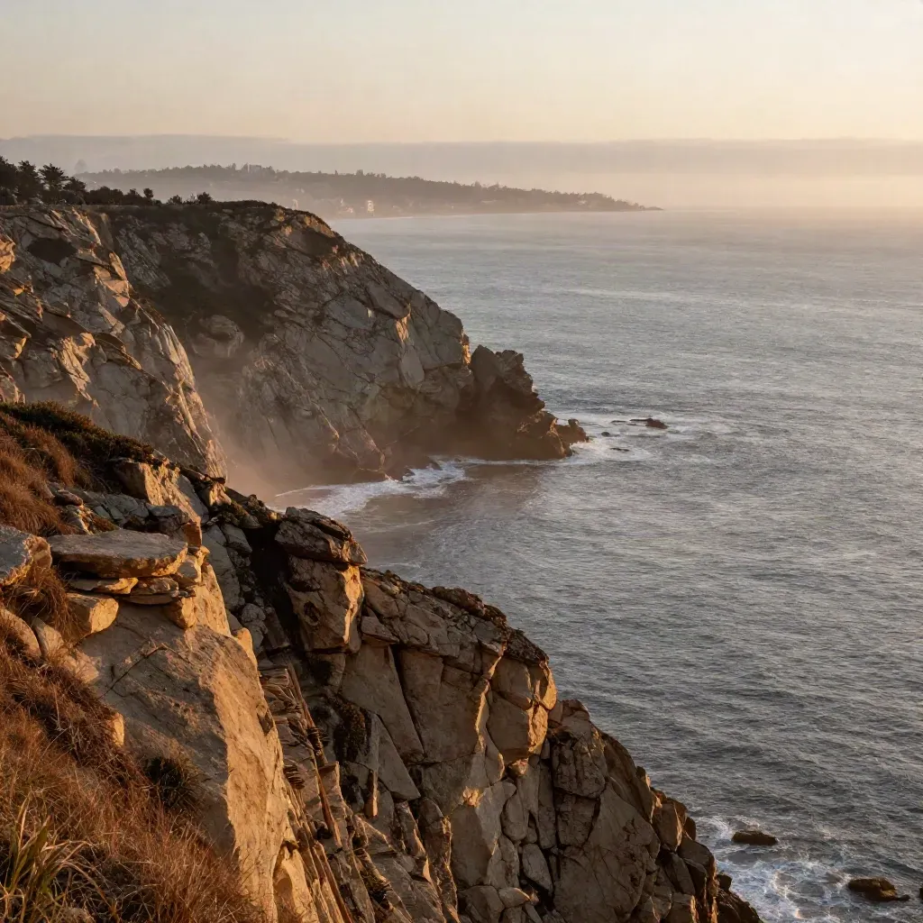 High coastal bluff above a misty ocean with distant city glow at sunset