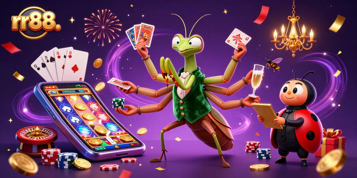 rr88. Engage with a vibrant casino scene featuring a mantis card sharp and ladybug pit boss.