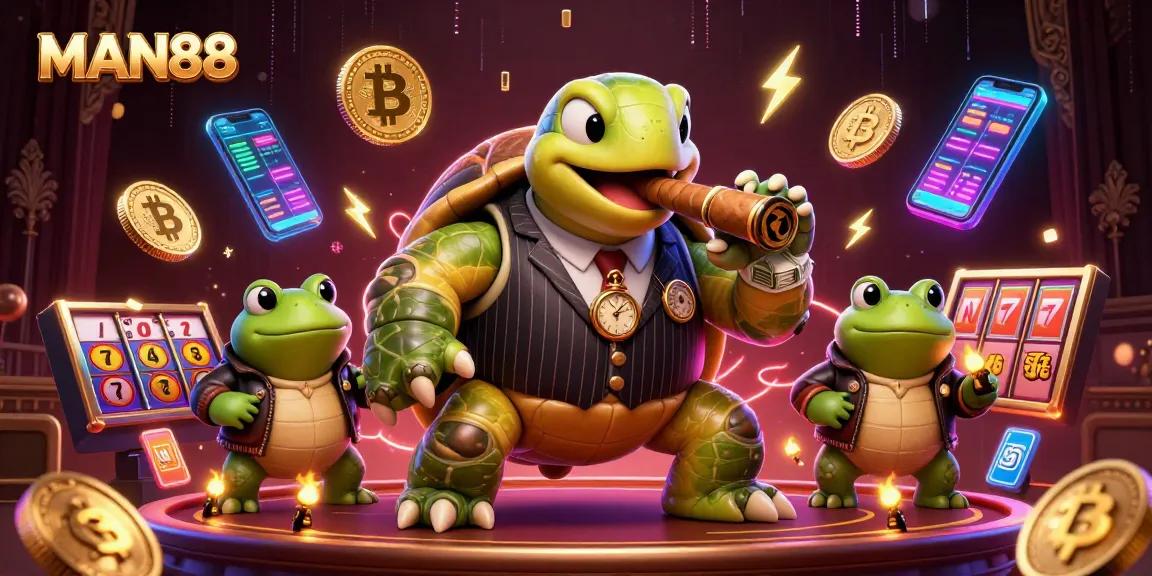 Engage in thrilling games at MAN88, featuring vibrant casino elements and energetic characters.