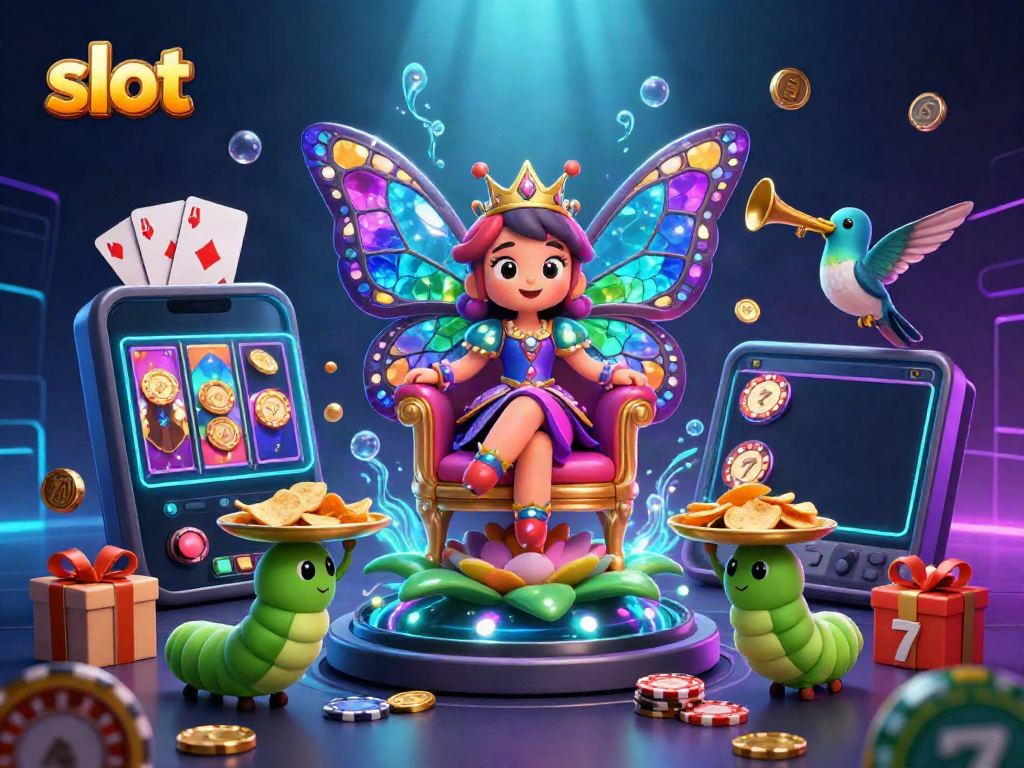 Memutar slot dengan ratu kupu-kupu 3D dan elemen kasino yang berkilauan.