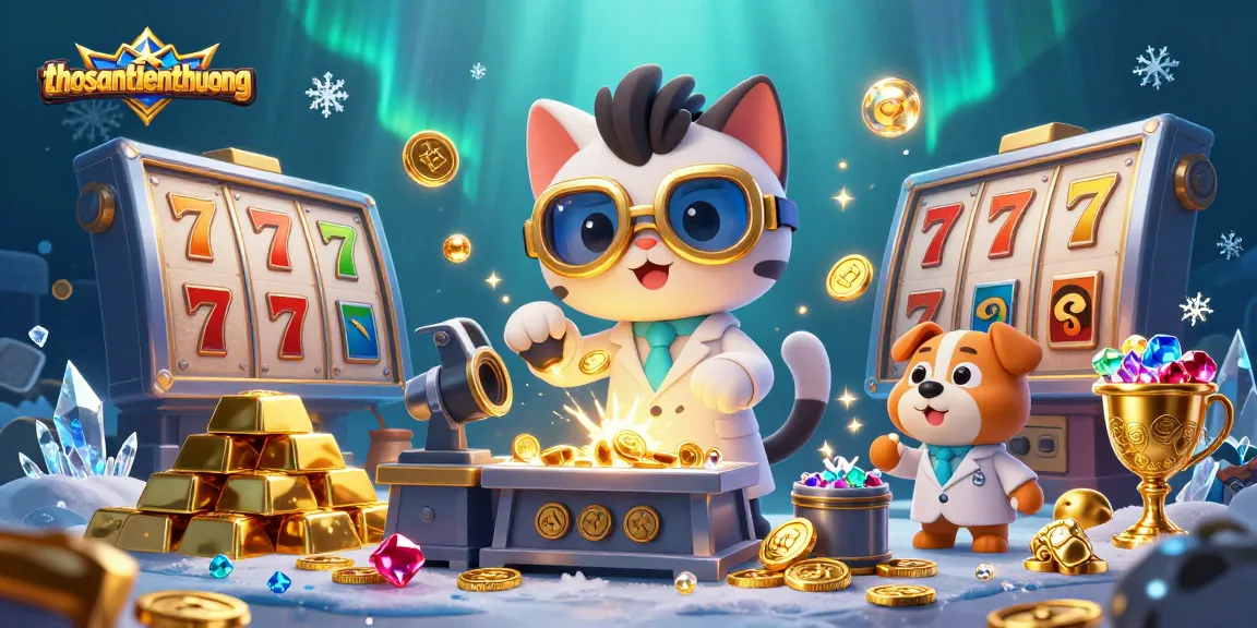 Engage with thosantienthuong's thrilling slot game scene showcasing 3D characters, jackpot reels, and treasure.