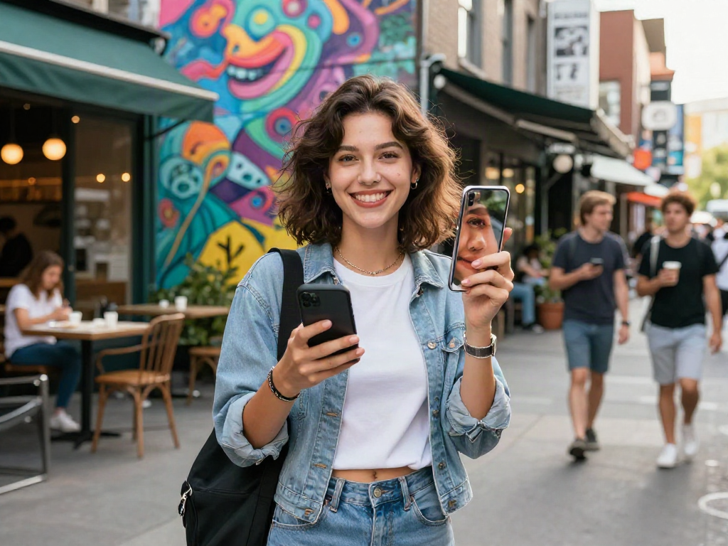 How old do I look? A stylish woman smiles confidently in a vibrant city amidst trendy cafes and street art.