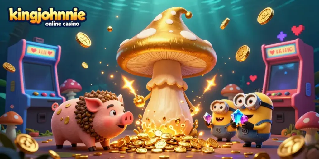 Experience the thrill of kingjohnnie online casino through a golden magical gaming illustration packed with characters and vibrant arcade elements.