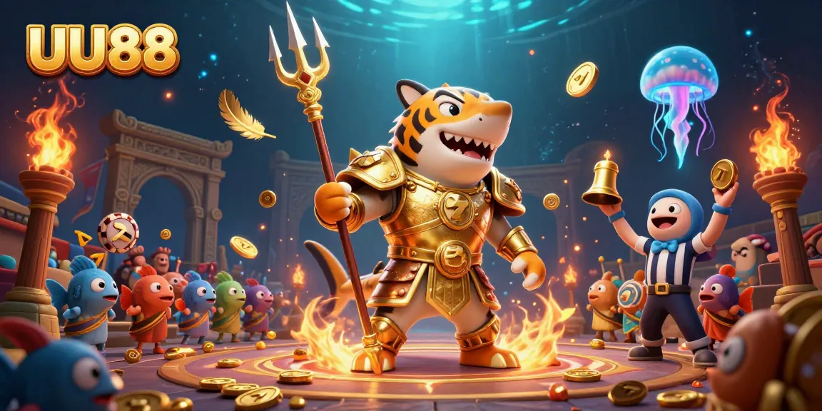 Engage with thrilling gameplay at UU88 through a vibrant underwater casino scene with slot reels and a tiger shark.