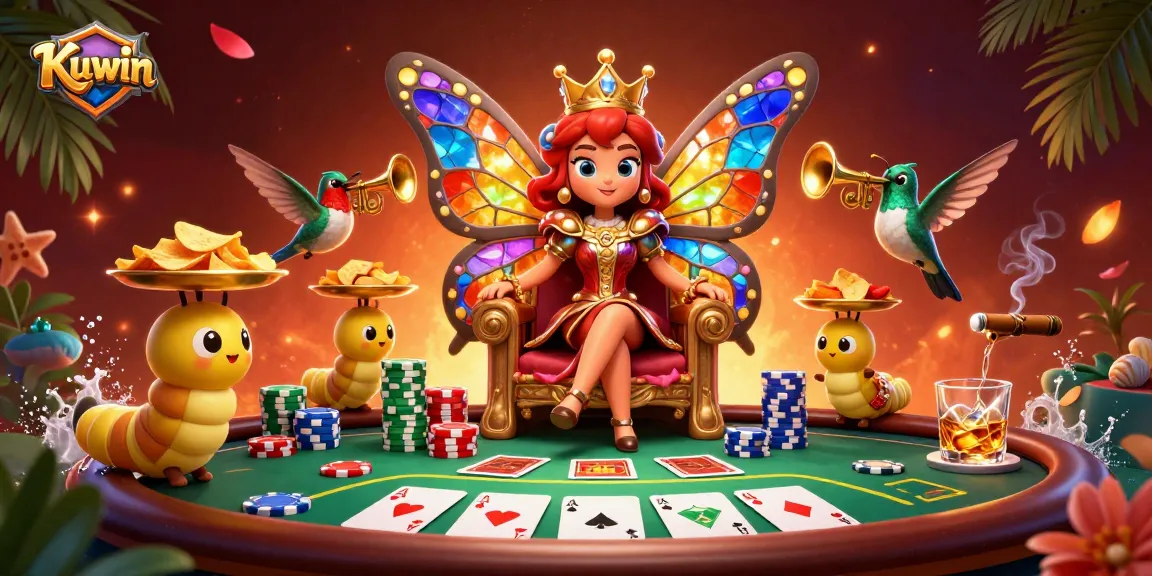 Kuwin's casino butterfly queen reigns over a vibrant poker scene filled with chips and glittering rewards.