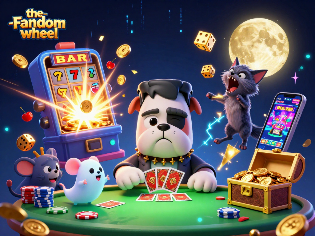 Experience the excitement of the-random-wheel as the bulldog monster deals cards at a spooky casino table.