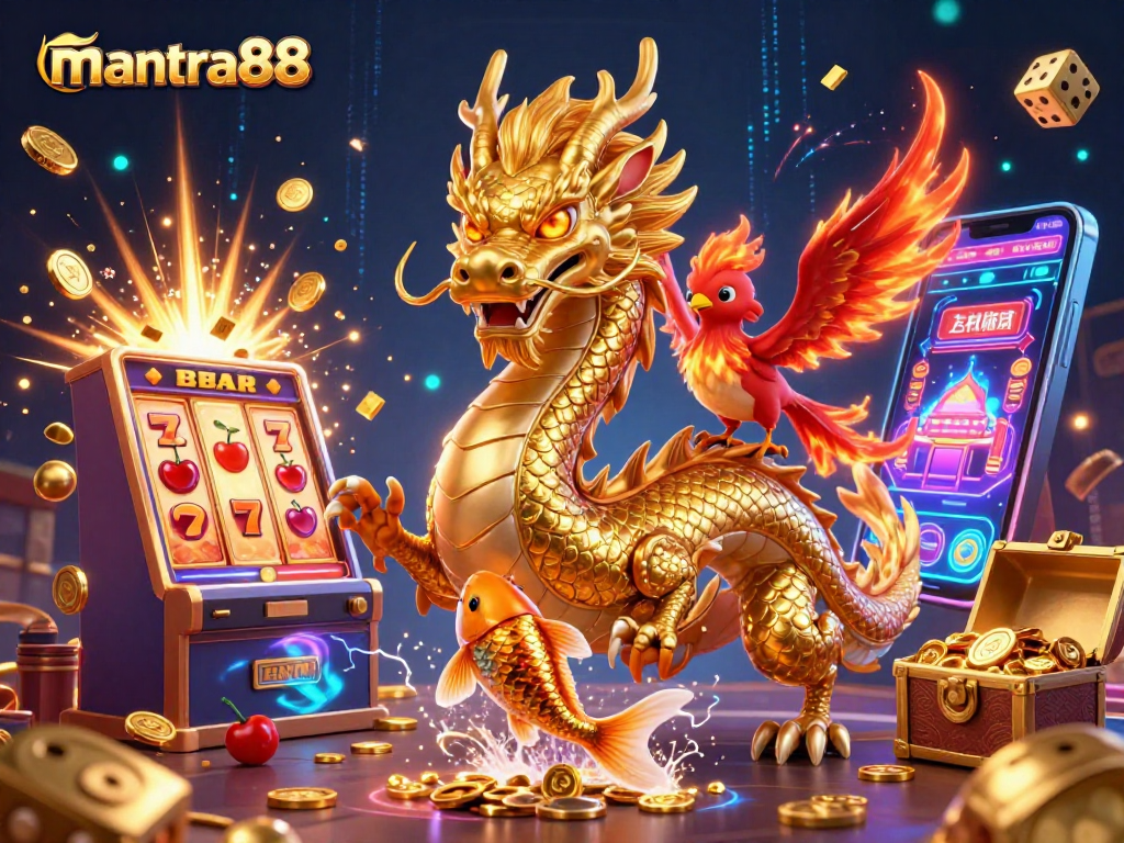 Experience exhilarating wins at mantra88 with a dynamic 3D casino illustration showcasing an exciting jackpot and vibrant gaming elements.