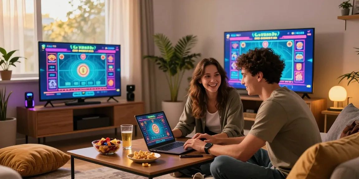Couple enjoying a crypto casino game in a cozy home with vibrant lighting.