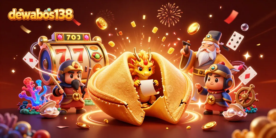 Engage with dewabos138's captivating slot gameplay within an enchanting scene featuring a giant golden fortune cookie and mystical characters.