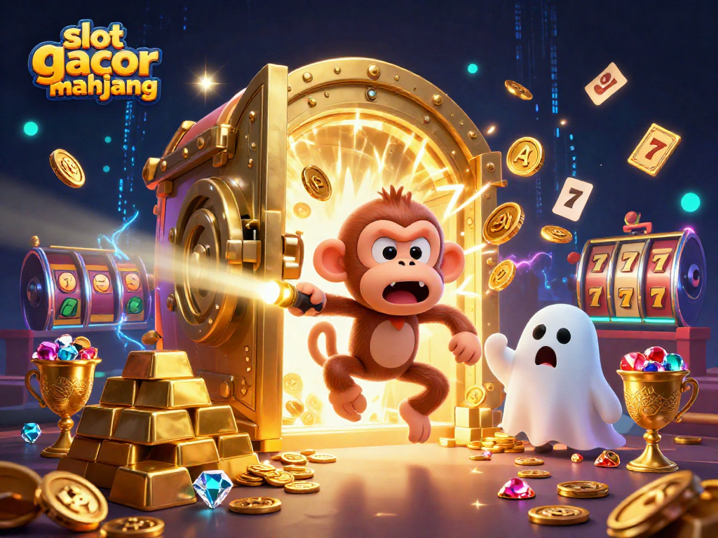 Engage with slot gacor mahjong in a vibrant casino scene featuring golden treasures and playful elements.