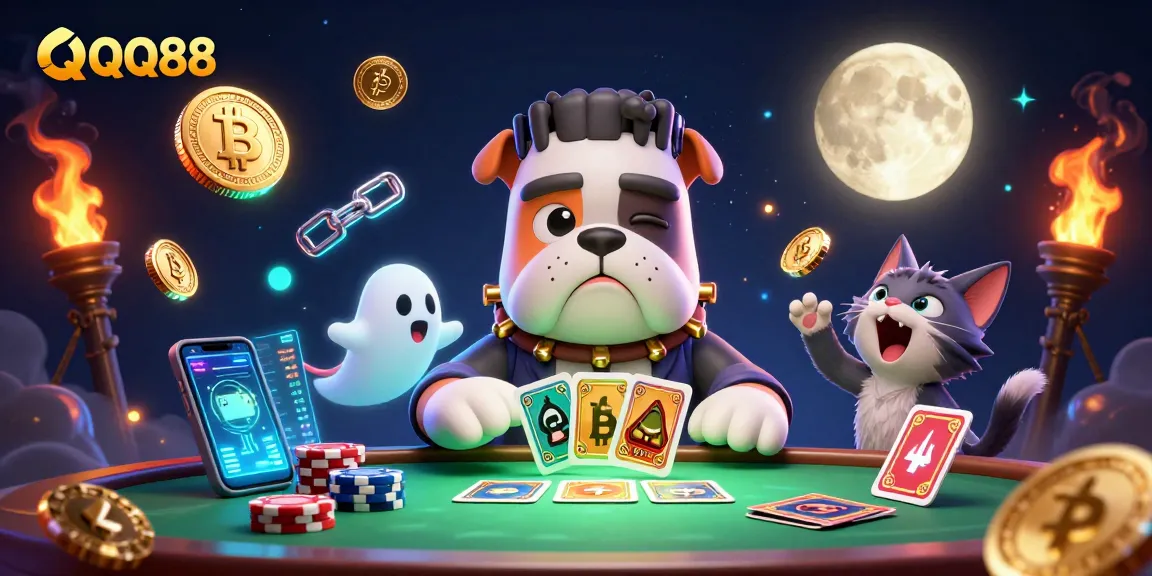 Engage with QQ88's exciting games featuring a spooky scene with unique characters.