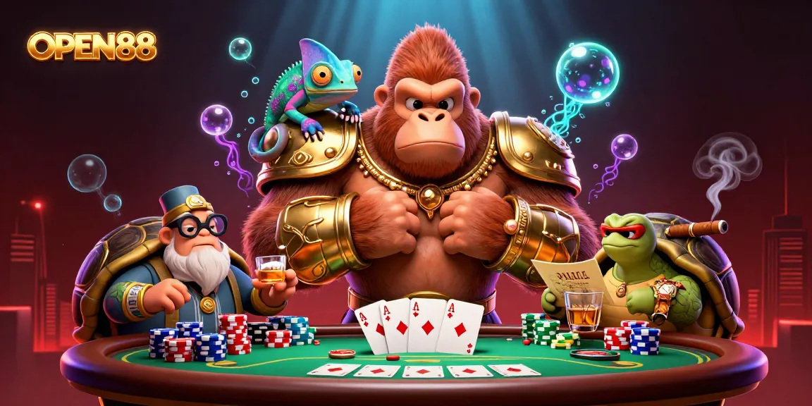 Experience thrilling gameplay with OPEN88, featuring a powerful gorilla king and exciting poker action.