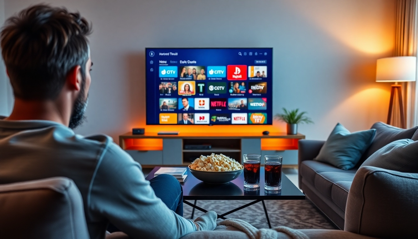 Experience a free iptv trial with user enjoying diverse channels on a smart TV in a cozy living room.