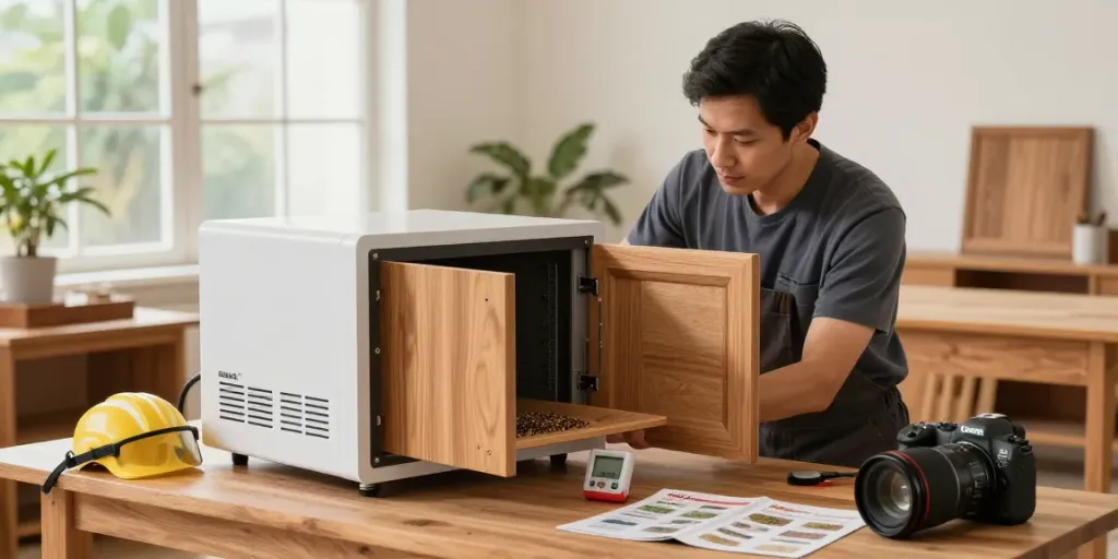 SHASHEL® microwave device effectively eliminating wood-boring insects in a technician's workshop.