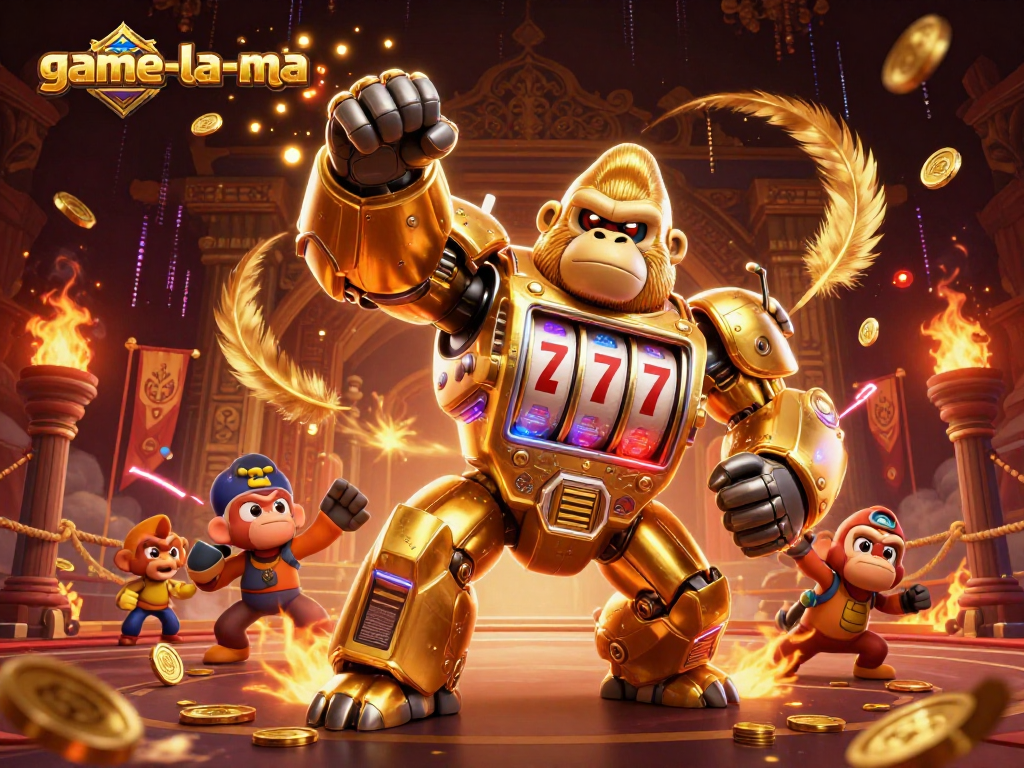 Experience the thrill of game-la-ma with an epic casino mecha scene featuring a gorilla mech and dynamic elements.