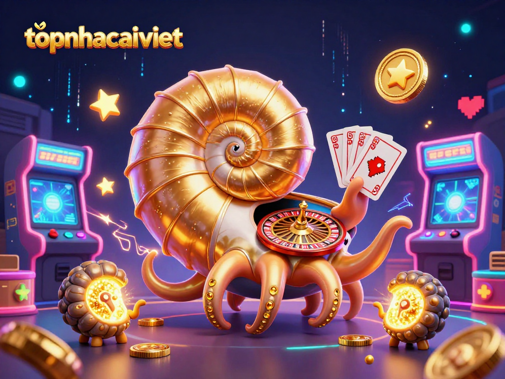 Engage with topnhacaiviet's vibrant casino scene featuring a giant nautilus, roulette wheel, and colorful game elements.