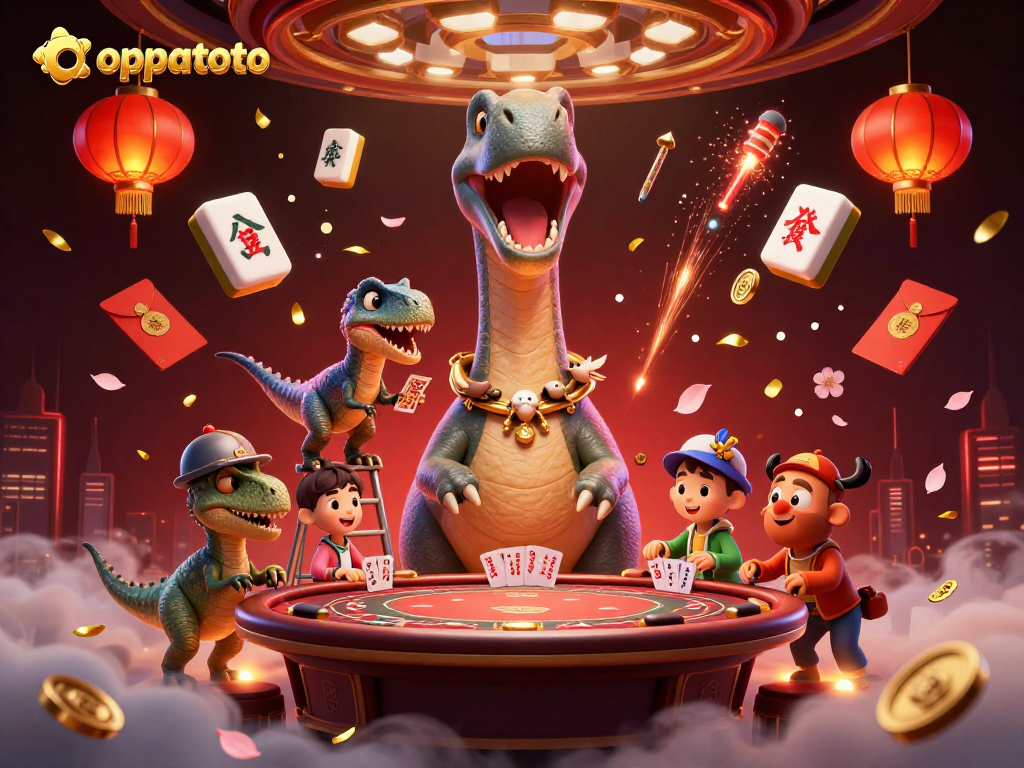 Experience thrilling gameplay with oppatoto as a giant dinosaur interacts with vibrant casino elements.