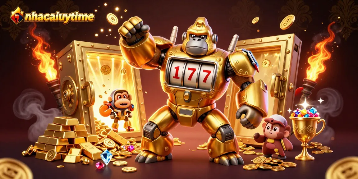 Spin to win at nhacaiuytinne with the golden gorilla mech and treasure bursting forth!
