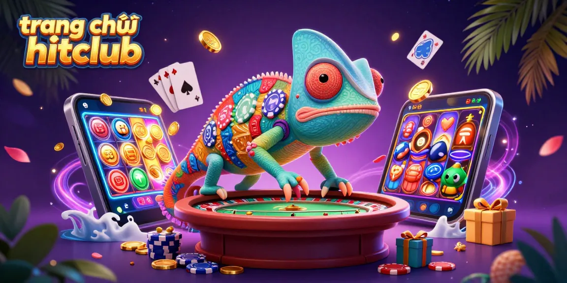 Experience the vibrant world of gambling at trang chủ hitclub, where a chameleon casino owner captures golden coins in a dynamic 3D scene.
