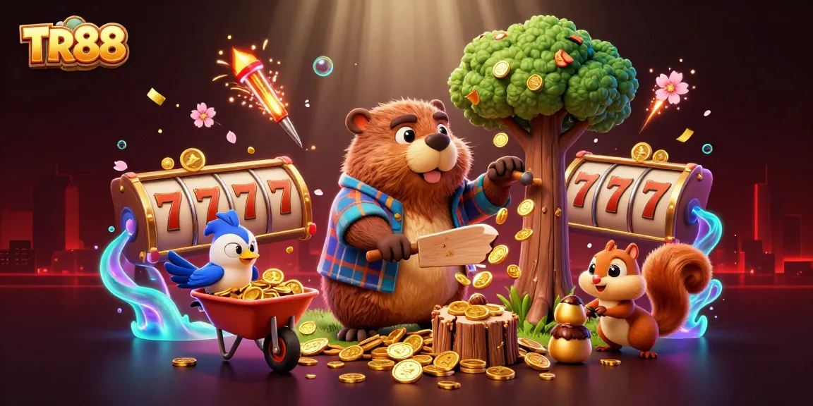 Experience the thrill of slots at TR88 with cartoon characters amidst falling coins.