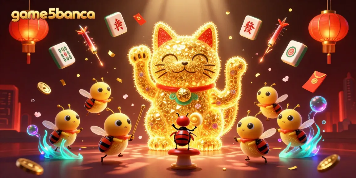 Experience the captivating world of game5banca with a scene of a giant lucky cat surrounded by vibrant casino elements.