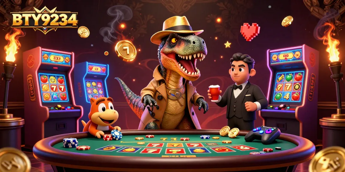 Engage in thrilling play at BTY9234, where a velociraptor card counter meets stegosaurus pit boss amidst vibrant gaming action.