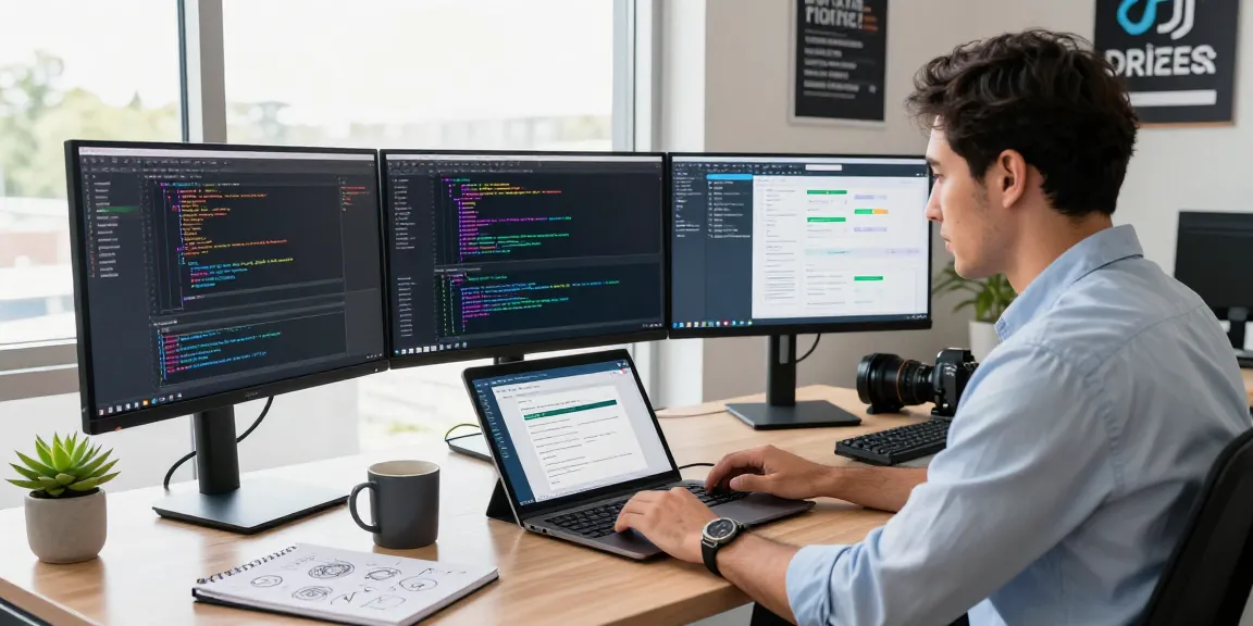 Build internal tools with AI in a modern workspace, showcasing a developer focused on coding and application design.