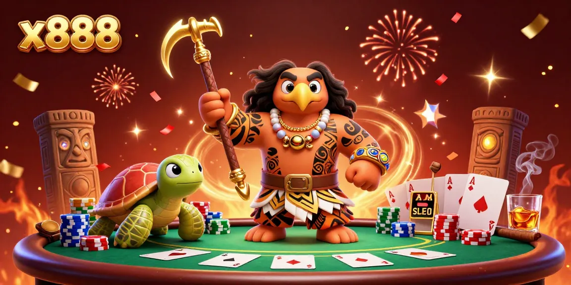 x888 features a vibrant 3D scene with characters showcasing winning poker strategies amidst celebratory elements.