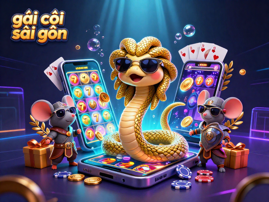 Engaging scene showcasing a Medusa and a warrior mouse with vibrant slot machines in the background, representing gái gọi sài gòn.