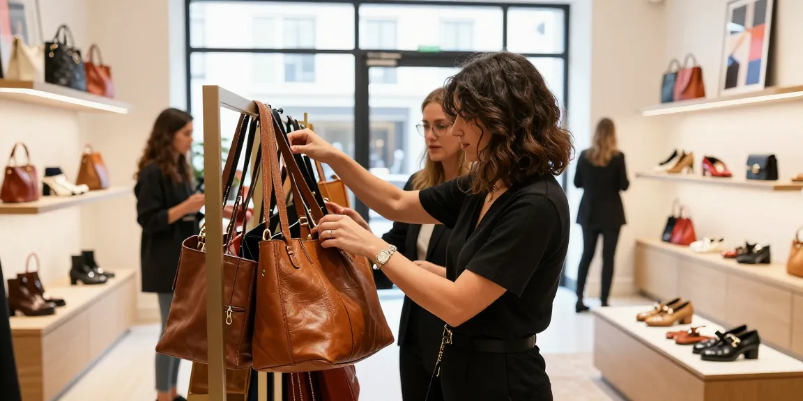 Shopper exploring premium leather handbags in a vibrant boutique setting with bright displays and stylish decor.