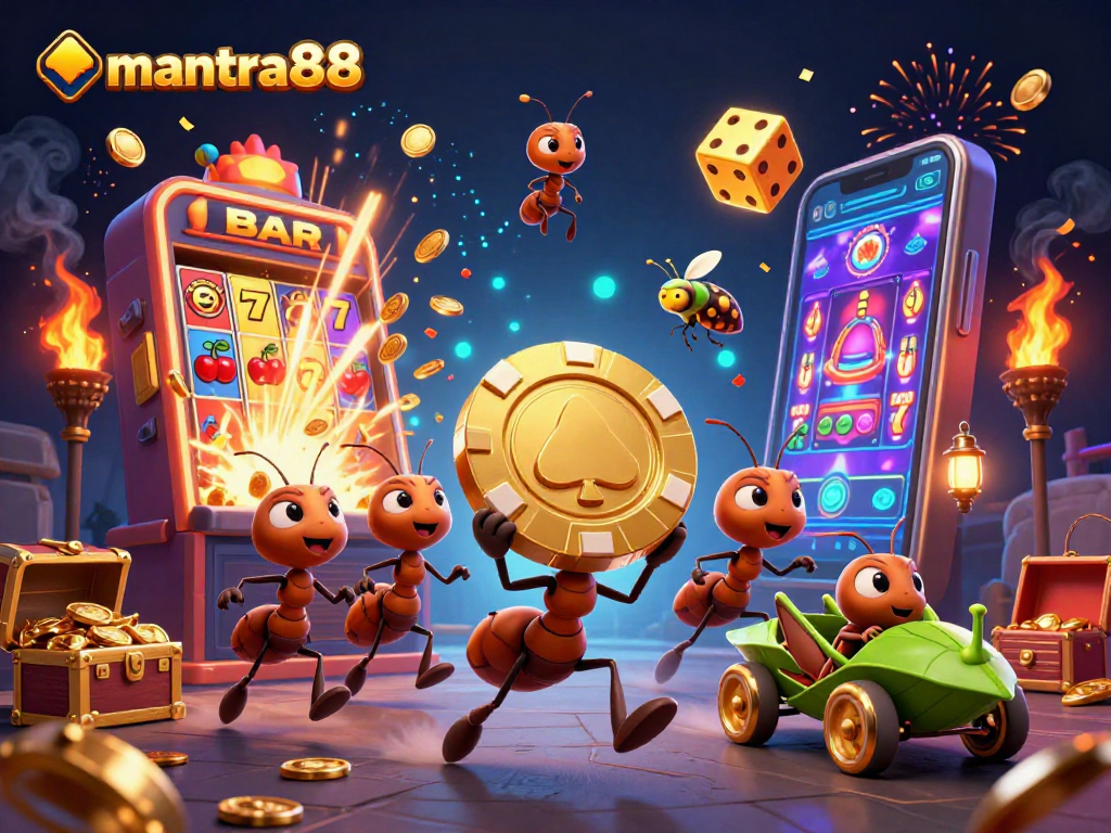 Experience thrilling adventures with mantra88 as ants carry a giant poker chip through a casino heist.