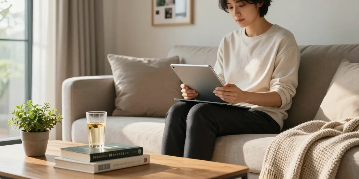 ブラビオンSの口コミをタブレットで読みながらリラックスしている人のイメージ