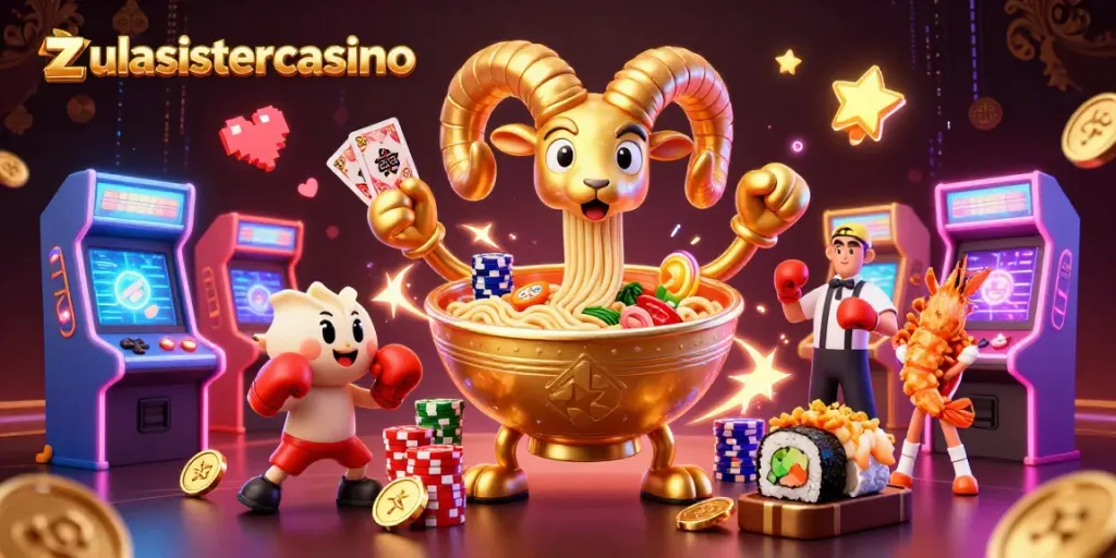 Engage with zulasistercasino's exciting gaming choices navigating dynamic casino elements and colorful characters.