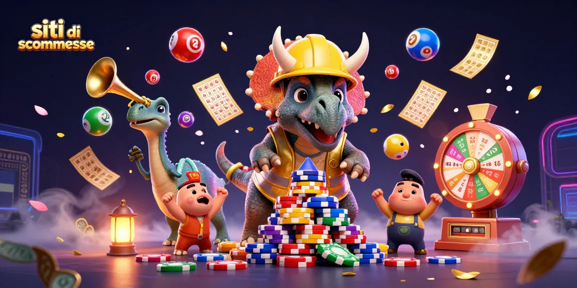 Siti di scommesse: un triceratopo costruisce una piramide di fiches di poker festeggiato da simpatici compys.