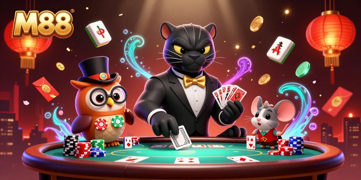 M88 players enjoying a vibrant poker night with a stylish panther, an owl, and a lucky mouse.