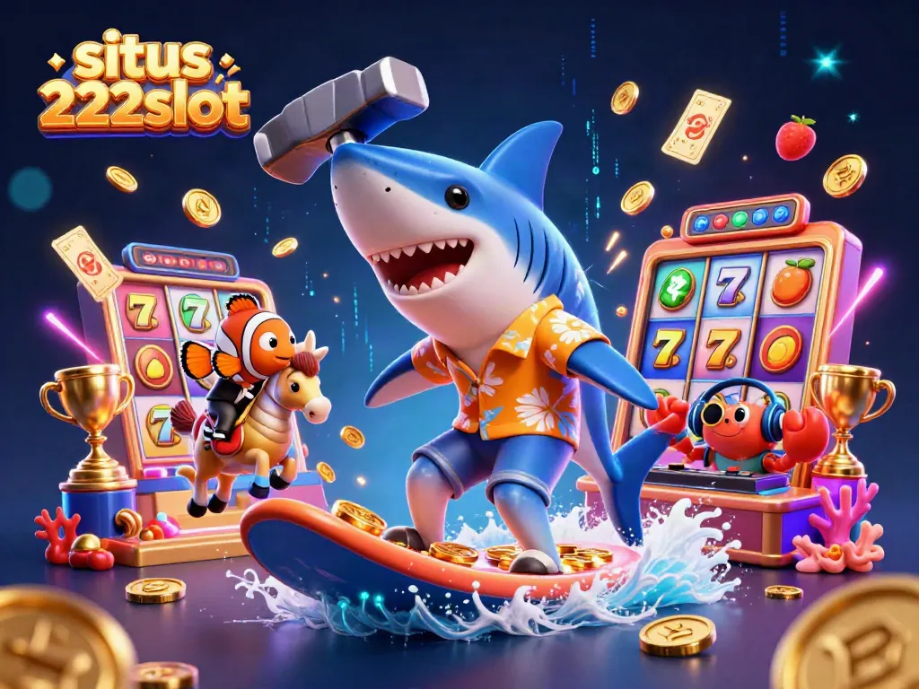 Gambarkan situs 222slot dengan hiu kartun berselancar di atas koin emas dan simbol slot yang bersinar.