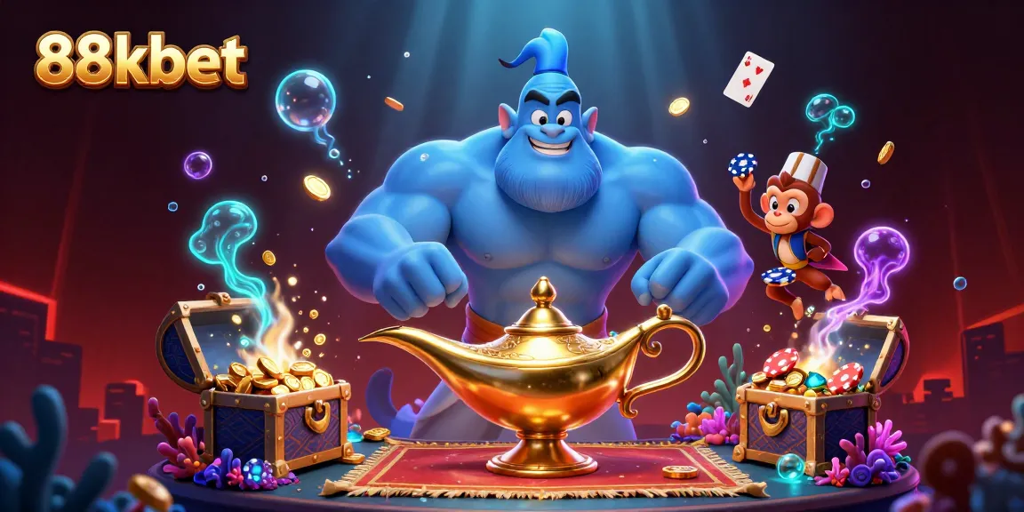 Experience thrilling adventures with 88kbet's dynamic casino illustration featuring an energetic genie and poker chips.