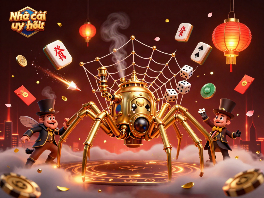 Engage with Nhà cái uy tín in this vibrant 3D digital casino illustration featuring steampunk elements and exciting game symbols.