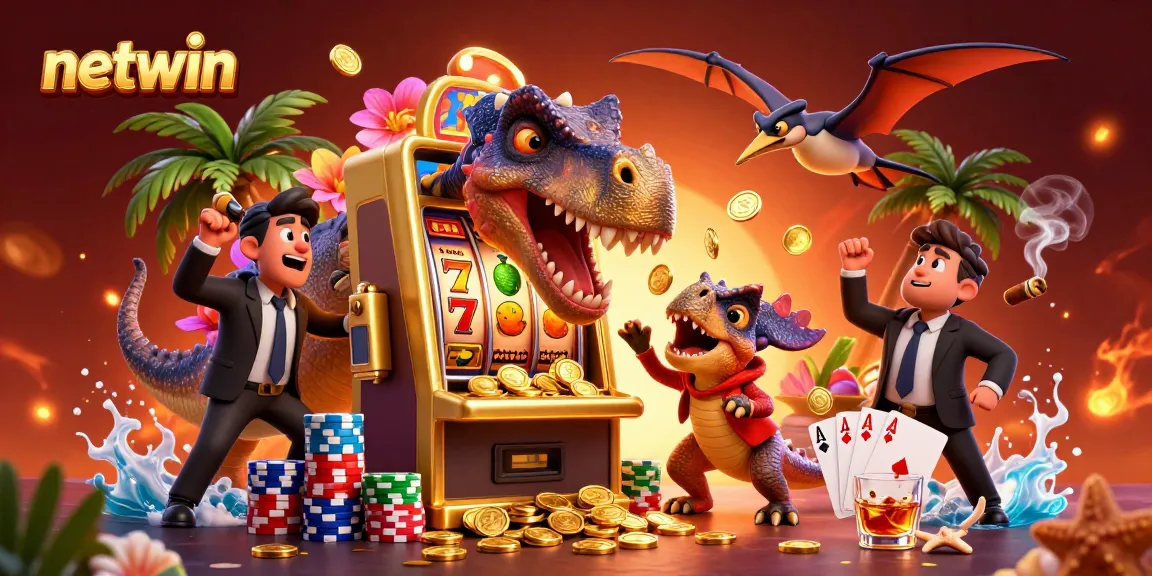 Netwin casino illustration of a pachycephalosaurus activating a jackpot, surrounded by colorful poker chips and slot machine mechanics.
